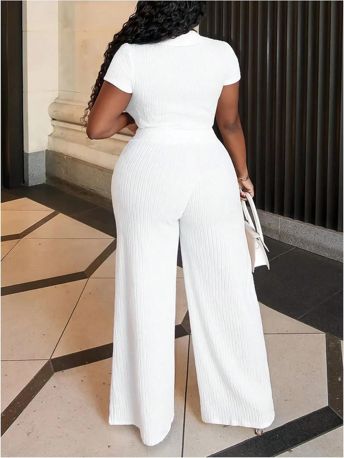 WDIRARA Women's 2 Piece Outfits Tie Front Wide Leg Pants Set Collar V Neck Crop Top and Pants