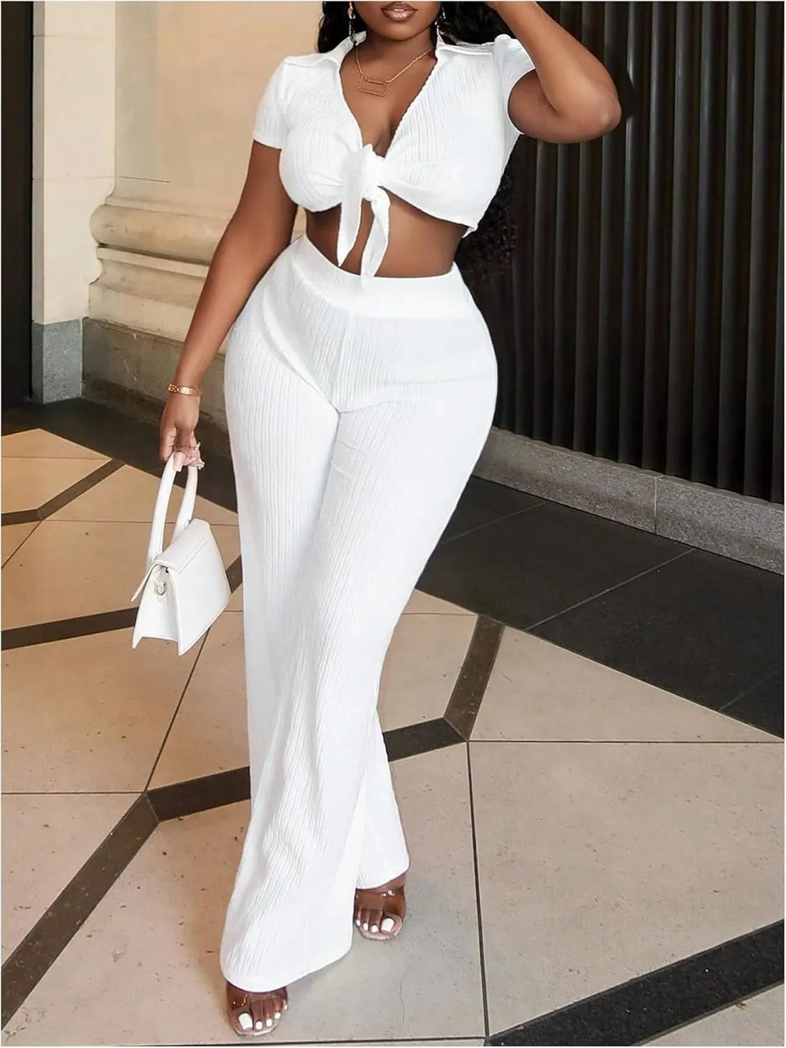 WDIRARA Women's 2 Piece Outfits Tie Front Wide Leg Pants Set Collar V Neck Crop Top and Pants