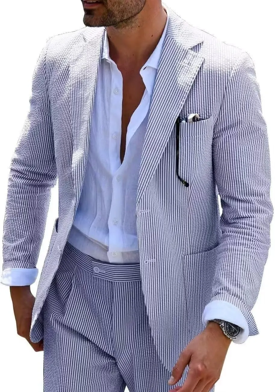 Wehilion Men 2 Pieces Seersucker Suit Casual 2 Button Slim Fit Striped Suits for Men Summer Wedding Prom Suit Jacket Pants