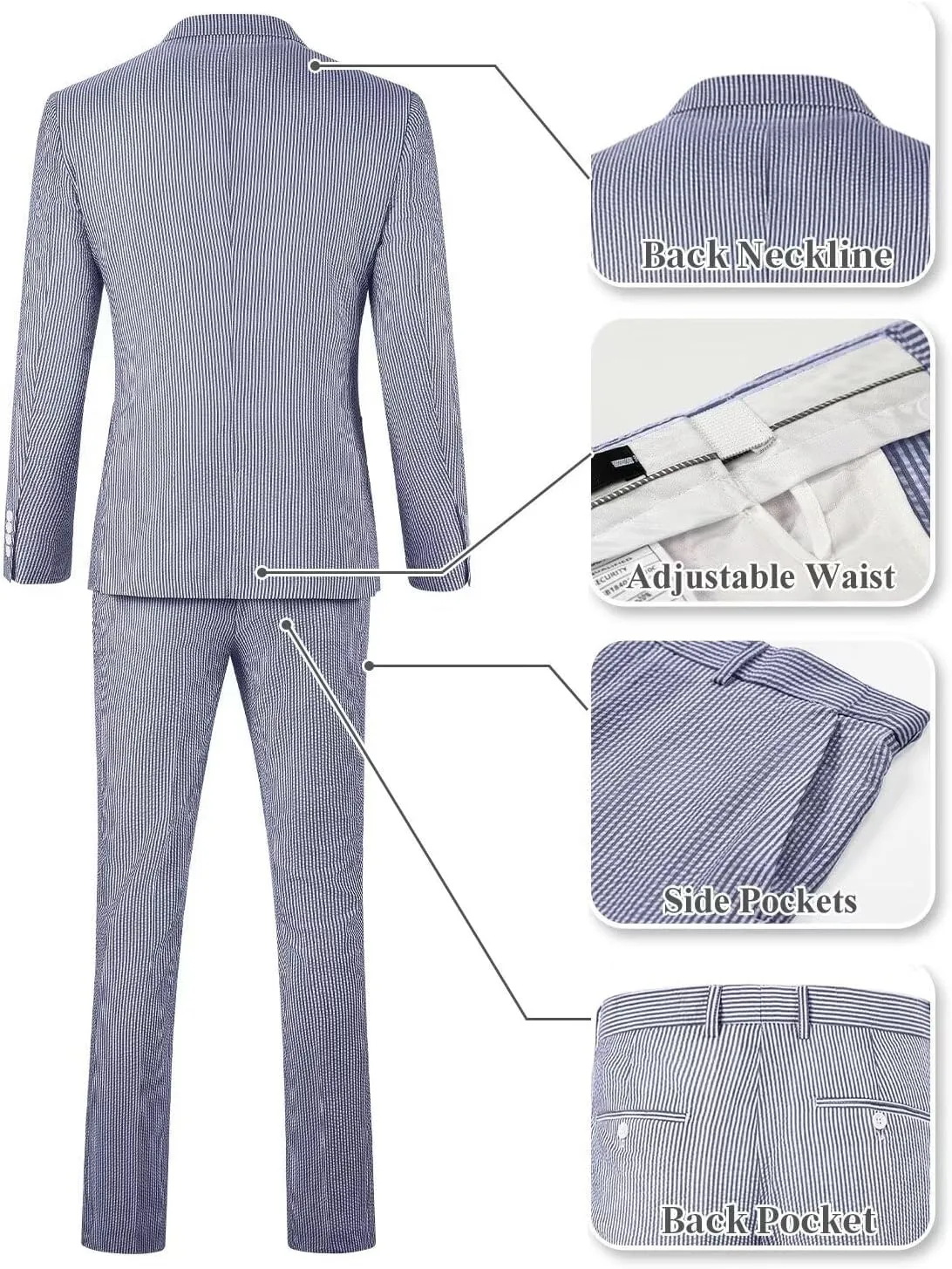 Wehilion Men 2 Pieces Seersucker Suit Casual 2 Button Slim Fit Striped Suits for Men Summer Wedding Prom Suit Jacket Pants