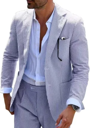 Wehilion Men 2 Pieces Seersucker Suit Casual 2 Button Slim Fit Striped Suits for Men Summer Wedding Prom Suit Jacket Pants