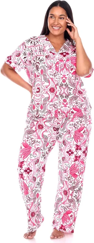 white mark Women's Plus Size Tropical Short Sleeve Button Up Top with Matching Long Pant Pajama Set