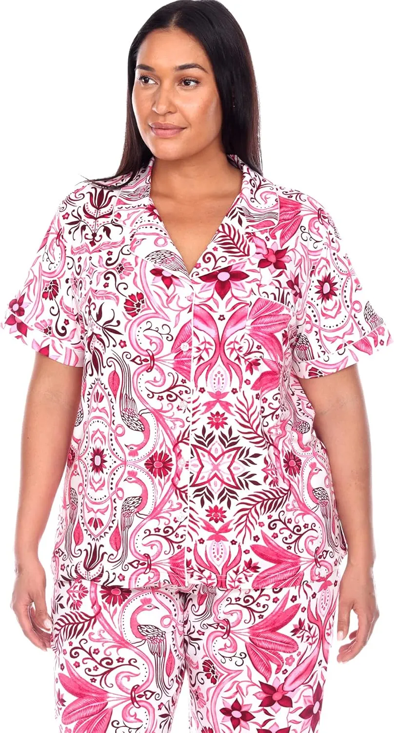 white mark Women's Plus Size Tropical Short Sleeve Button Up Top with Matching Long Pant Pajama Set