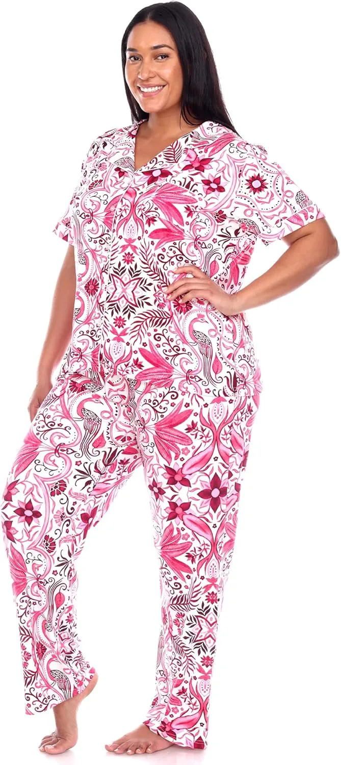 white mark Women's Plus Size Tropical Short Sleeve Button Up Top with Matching Long Pant Pajama Set