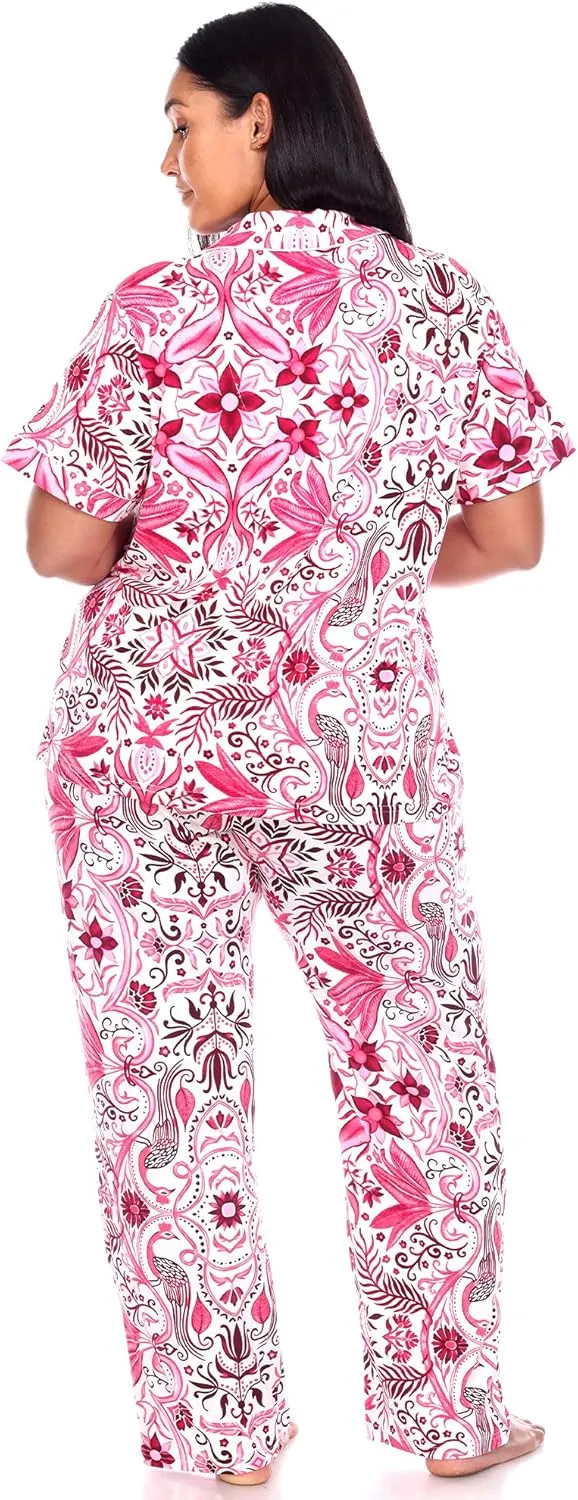 white mark Women's Plus Size Tropical Short Sleeve Button Up Top with Matching Long Pant Pajama Set