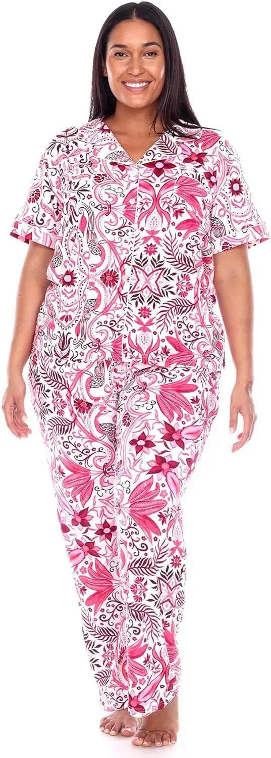 white mark Women's Plus Size Tropical Short Sleeve Button Up Top with Matching Long Pant Pajama Set