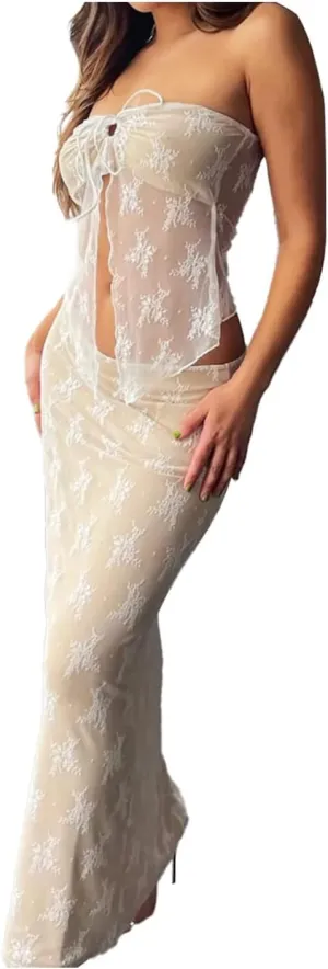 Women 2 Piece Maxi Skirt Set Strapless Lace Tank Tops Tie Up High Waist Bodycon Long Skirt Y2K 2Pcs Outfits Suits