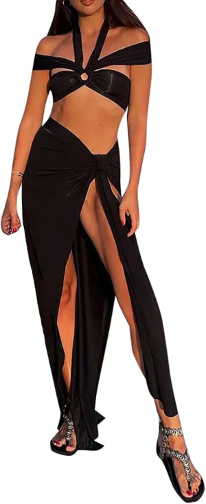 Women 2 Piece Maxi Skirt Set Strapless Lace Tank Tops Tie Up High Waist Bodycon Long Skirt Y2K 2Pcs Outfits Suits