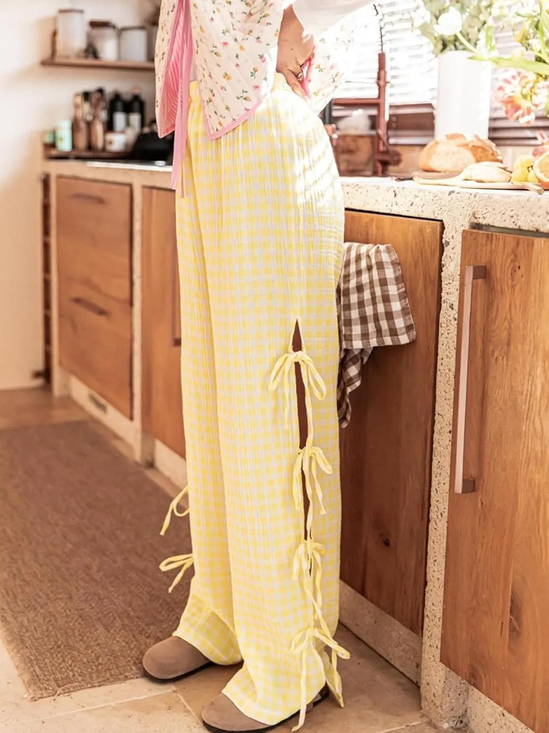 Women Bow Tie Side Split Wide Leg Y2k Plaid Pants High Waist Print Lounge Pants Trousers