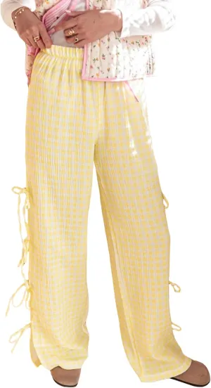 Women Bow Tie Side Split Wide Leg Y2k Plaid Pants High Waist Print Lounge Pants Trousers