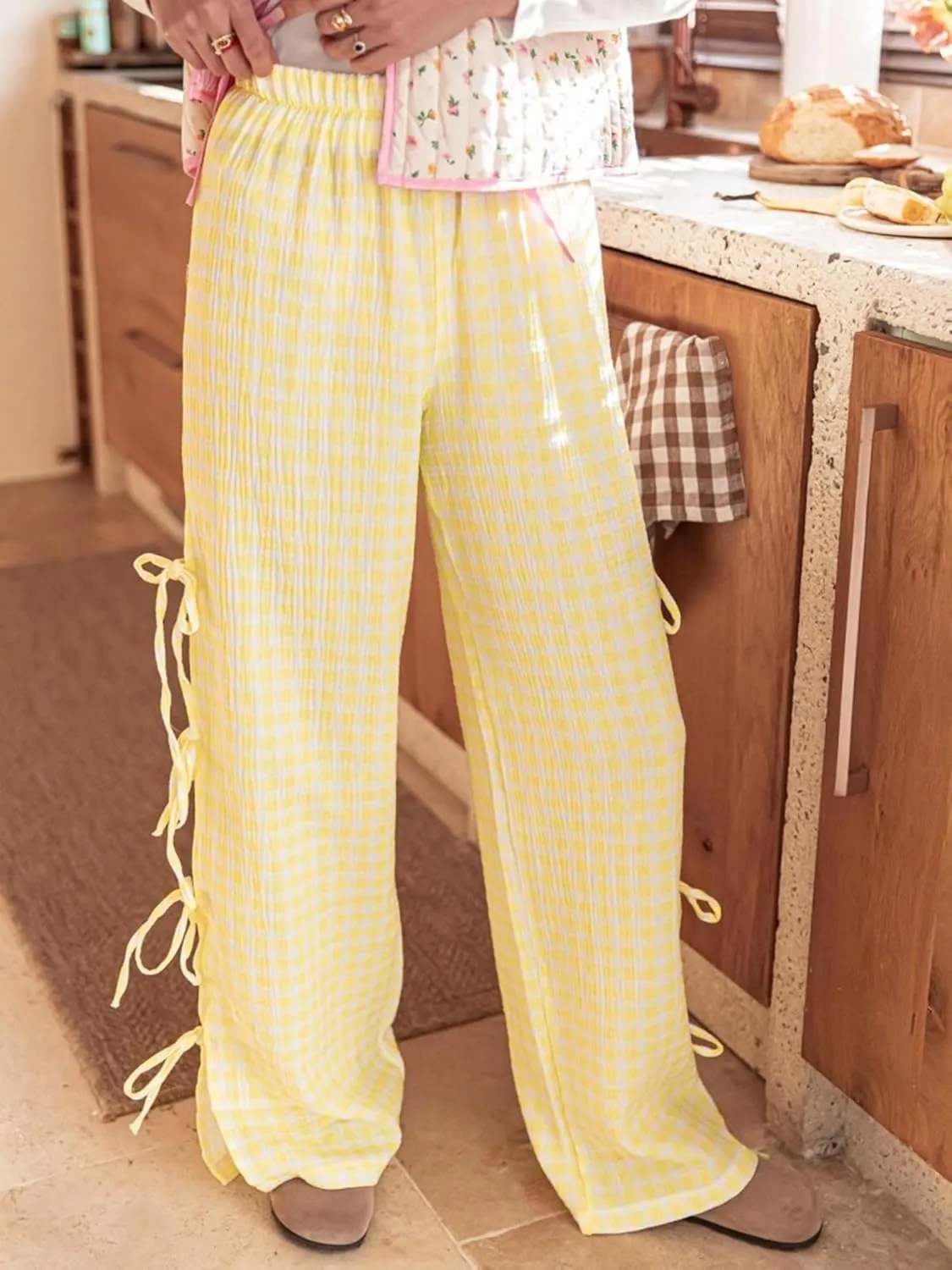 Women Bow Tie Side Split Wide Leg Y2k Plaid Pants High Waist Print Lounge Pants Trousers