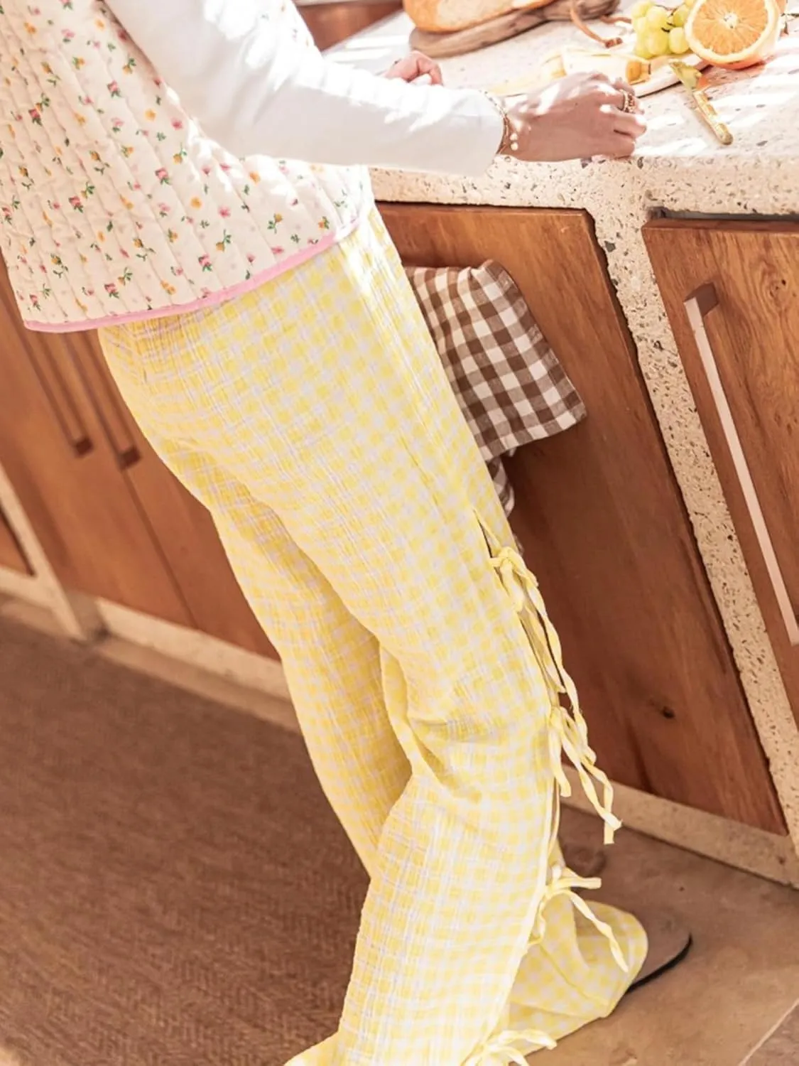 Women Bow Tie Side Split Wide Leg Y2k Plaid Pants High Waist Print Lounge Pants Trousers