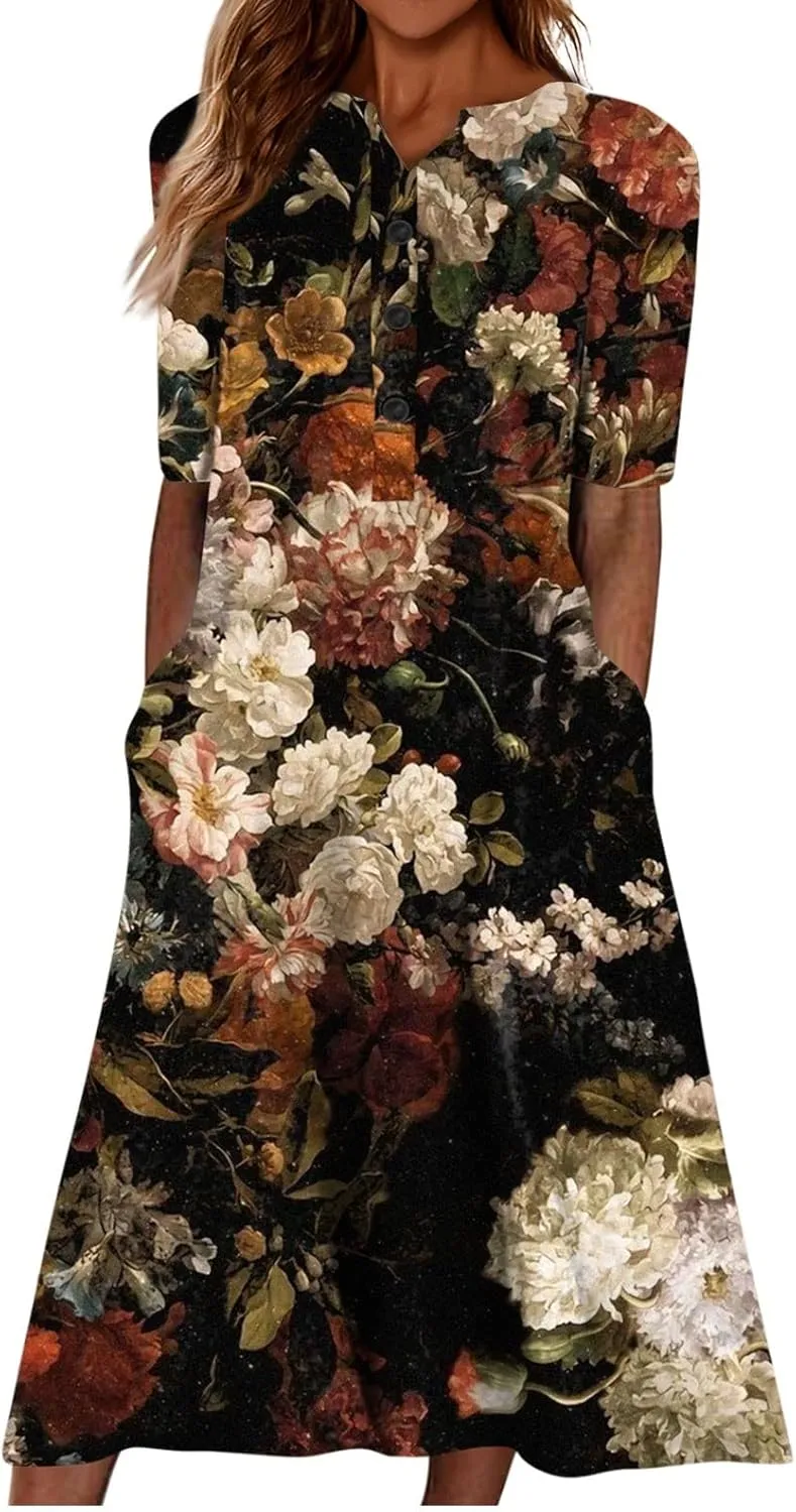 Women Casual Summer Stripe Button V Neck Sleeveless Pocket Holiday Dress Floral Sundress Midi Dress