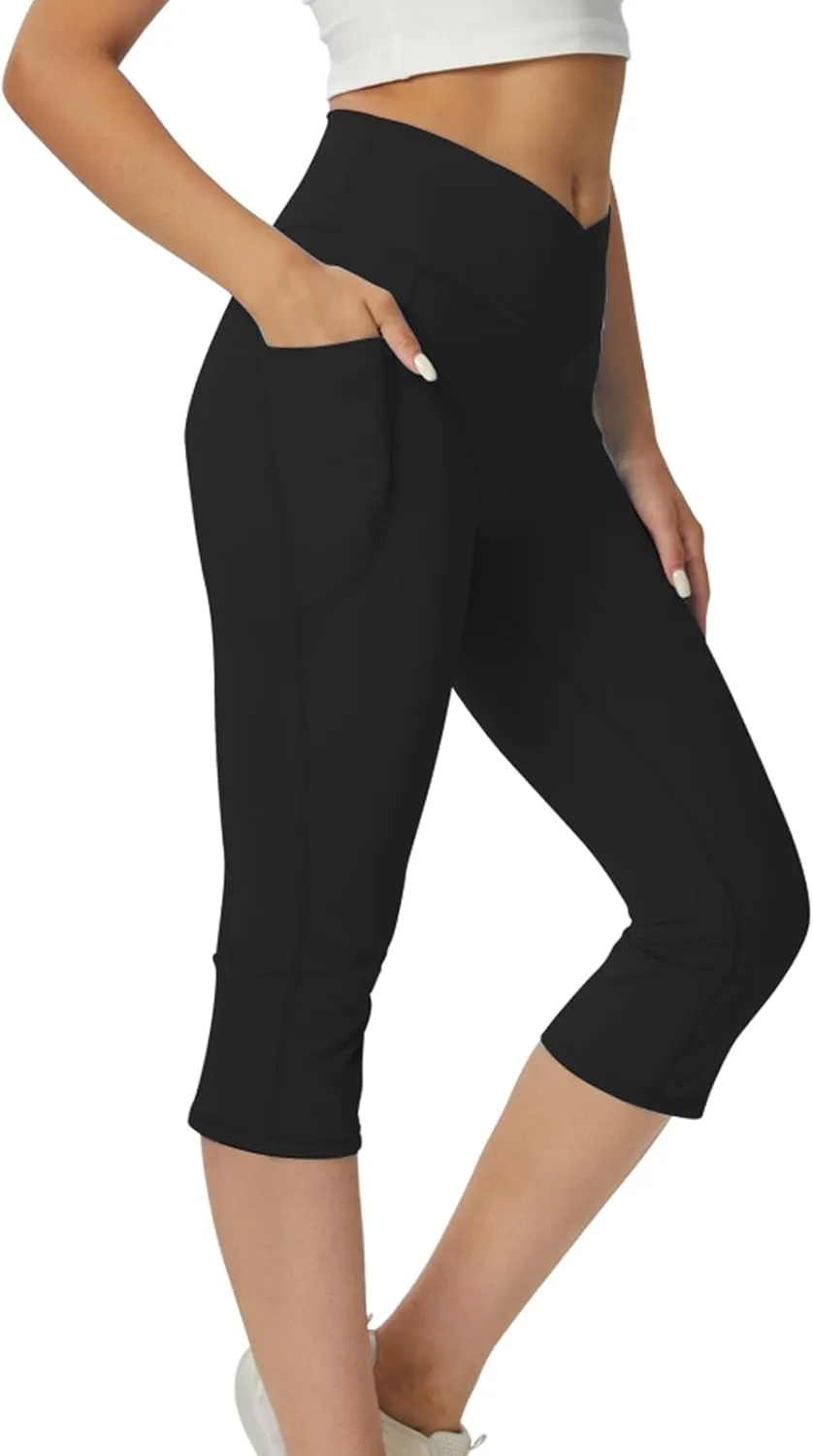Women Flare Leggings with Side Pockets,Crossover Yoga Pants Bootleg High Waisted Stretchy Control Gym Workout Pants