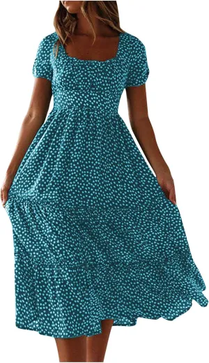 Women Floral Chiffon Midi Dress Summer Square Neck Short Sleeve Boho Sundress Flowy Smocked Tiered Swing Dresses