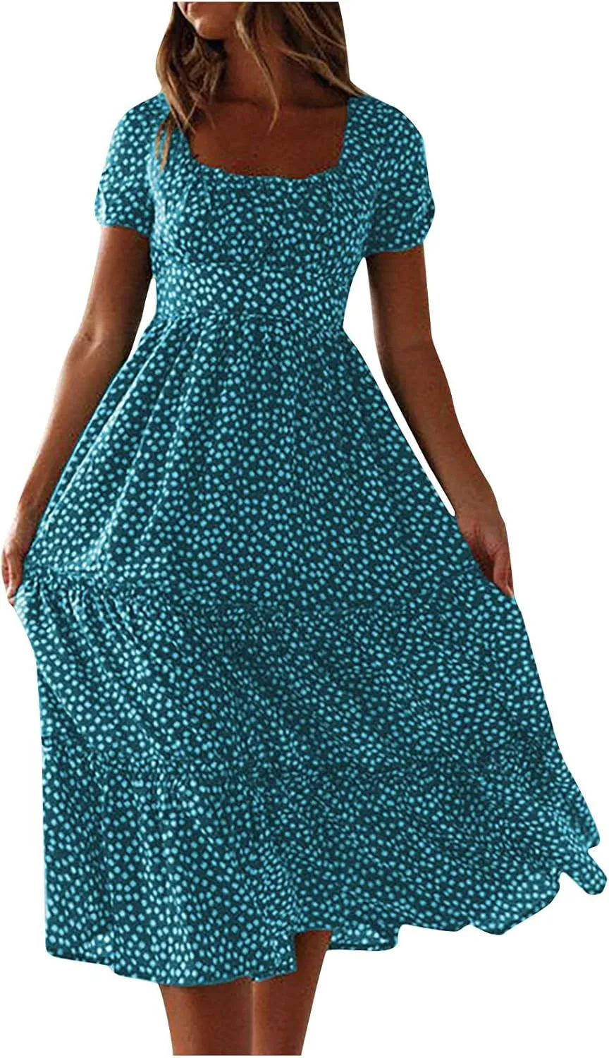 Women Floral Chiffon Midi Dress Summer Square Neck Short Sleeve Boho Sundress Flowy Smocked Tiered Swing Dresses