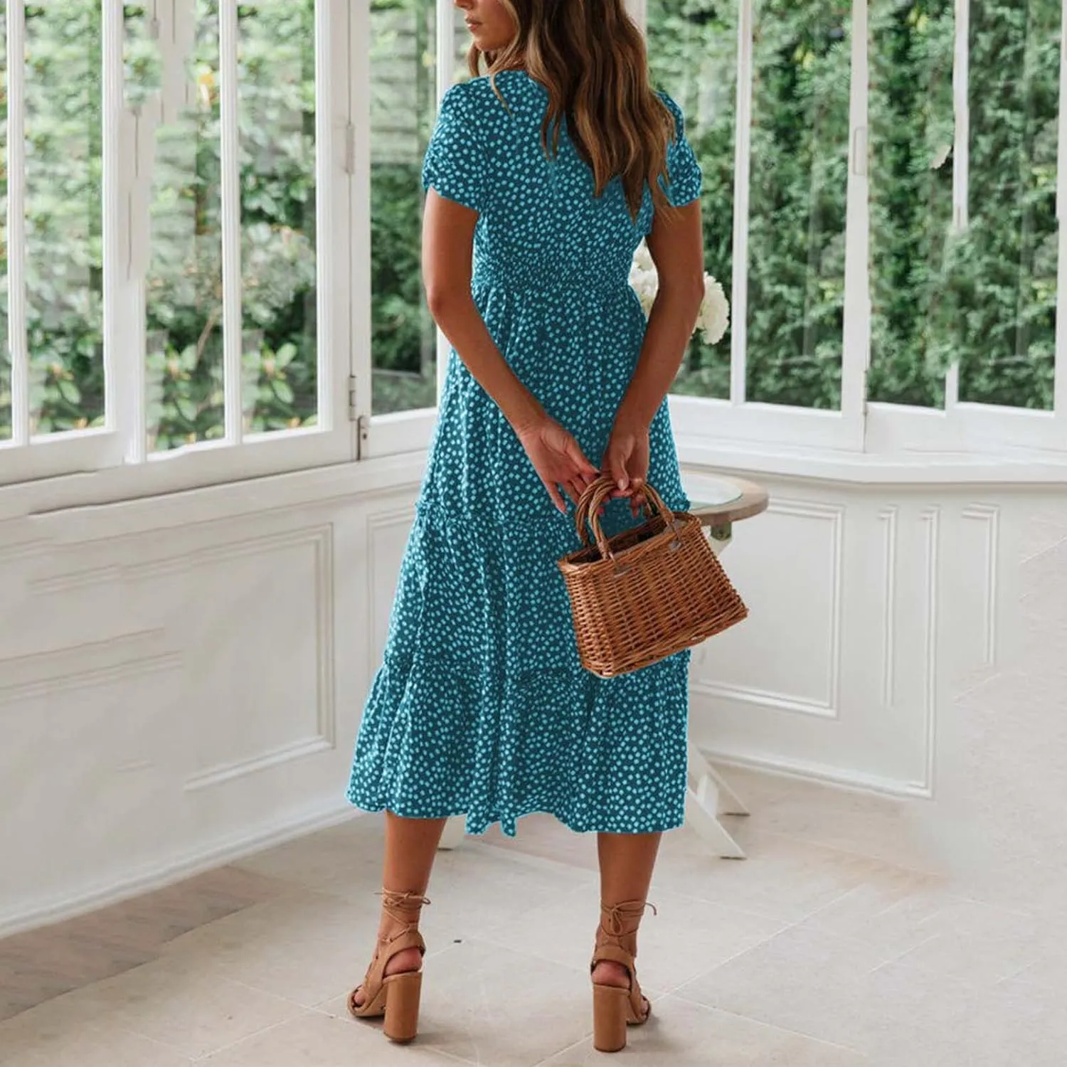 Women Floral Chiffon Midi Dress Summer Square Neck Short Sleeve Boho Sundress Flowy Smocked Tiered Swing Dresses