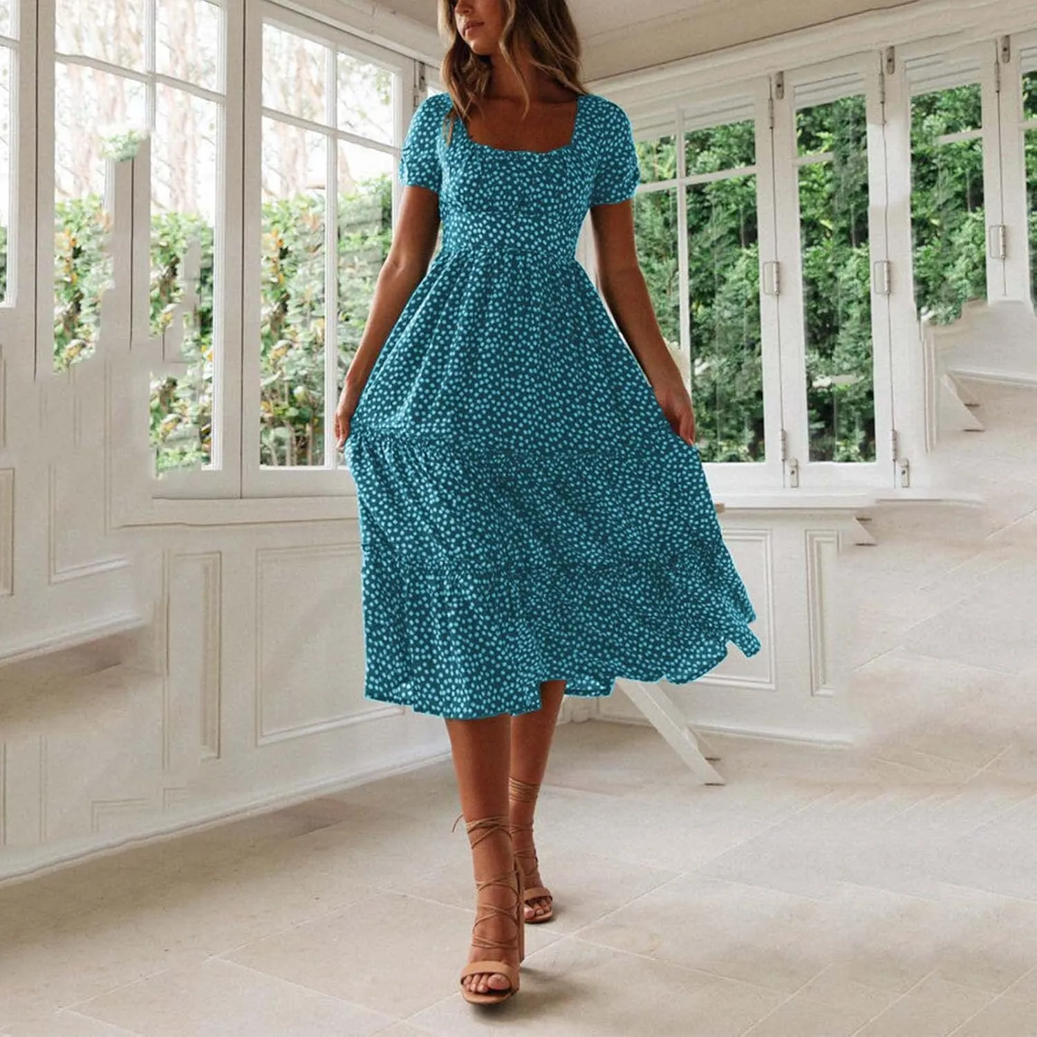 Women Floral Chiffon Midi Dress Summer Square Neck Short Sleeve Boho Sundress Flowy Smocked Tiered Swing Dresses