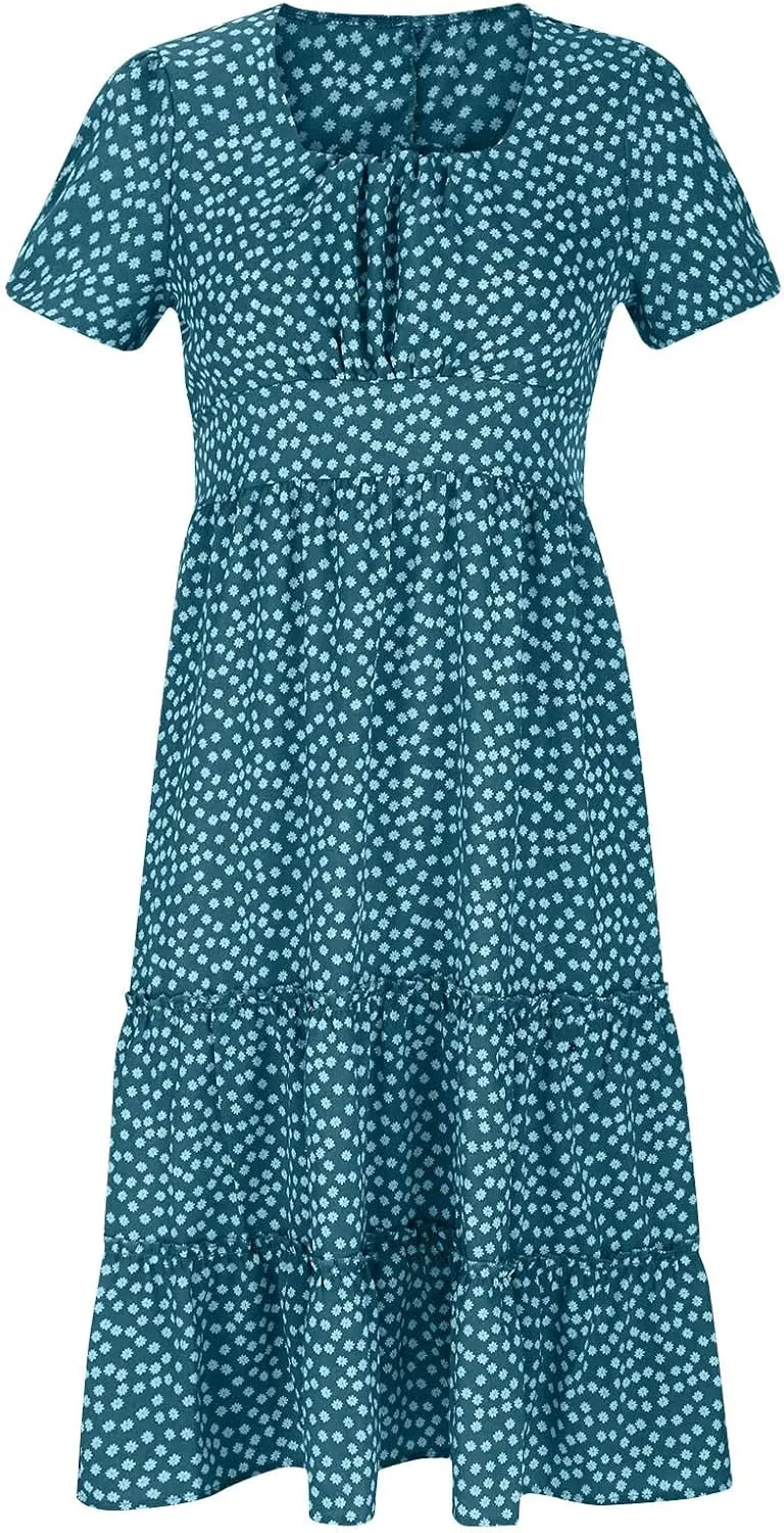 Women Floral Chiffon Midi Dress Summer Square Neck Short Sleeve Boho Sundress Flowy Smocked Tiered Swing Dresses