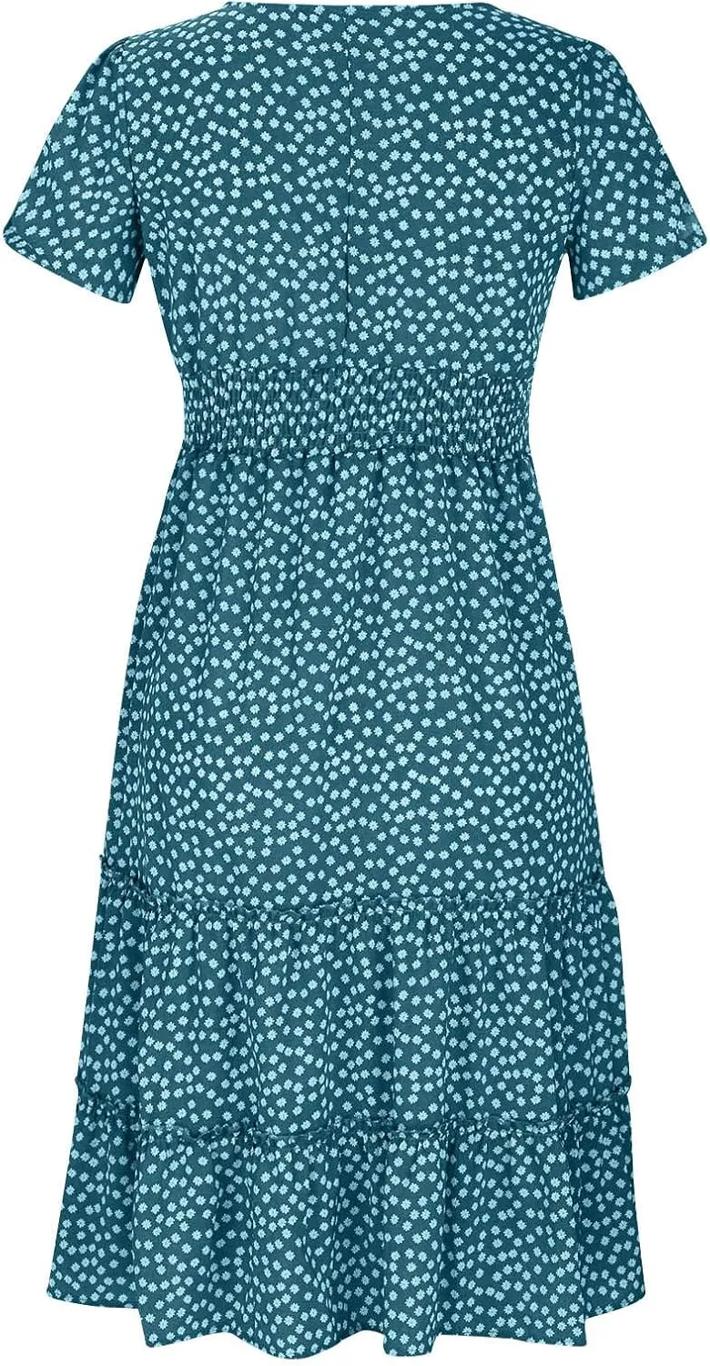 Women Floral Chiffon Midi Dress Summer Square Neck Short Sleeve Boho Sundress Flowy Smocked Tiered Swing Dresses