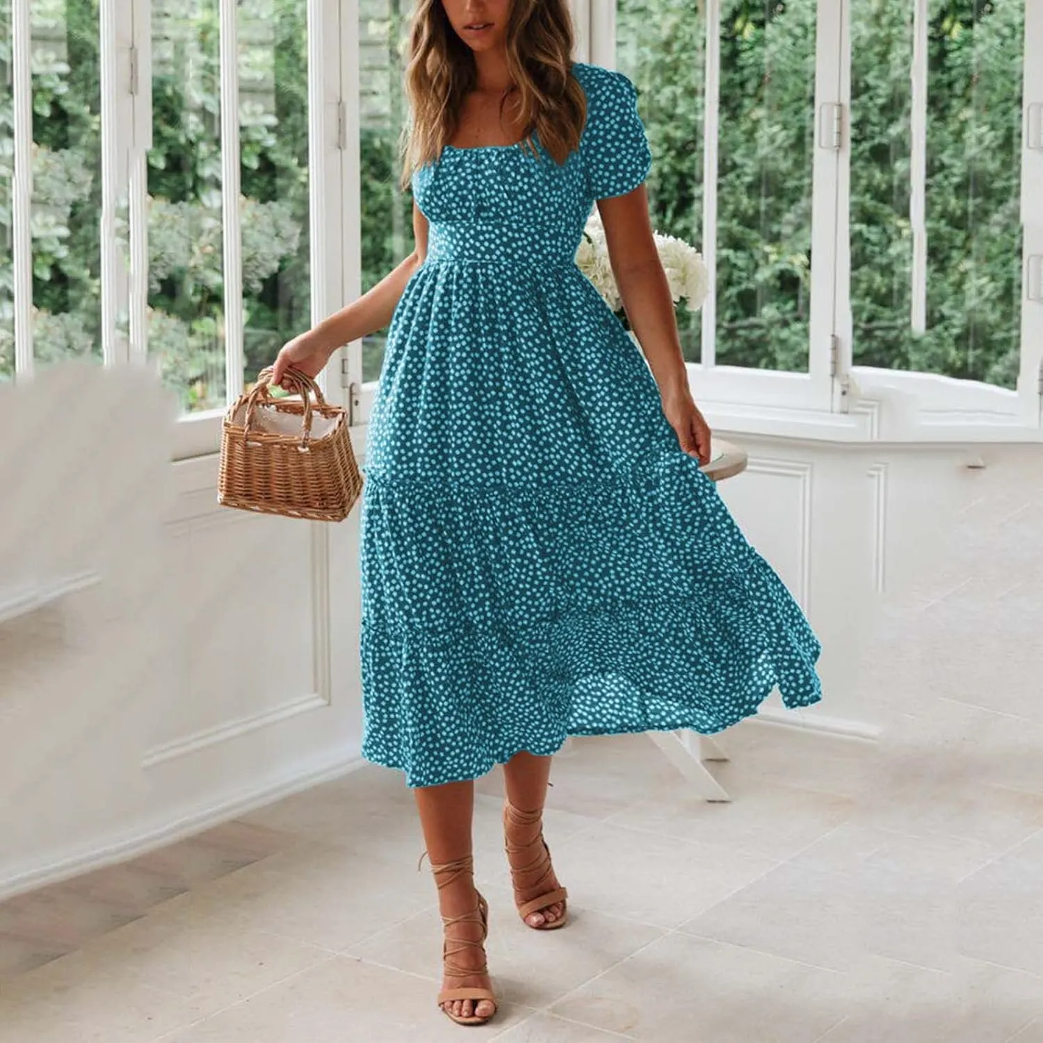 Women Floral Chiffon Midi Dress Summer Square Neck Short Sleeve Boho Sundress Flowy Smocked Tiered Swing Dresses