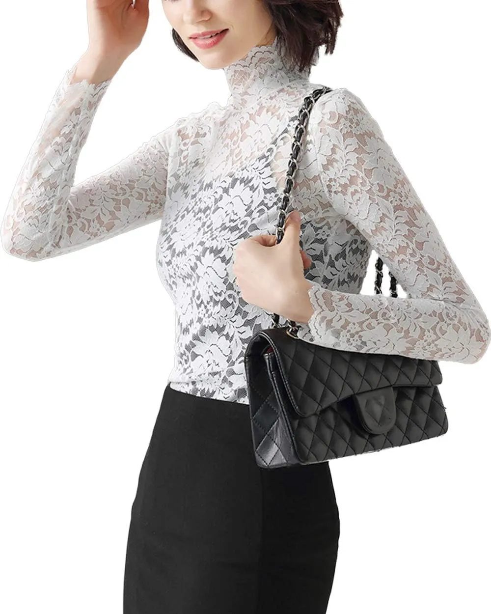Women Floral Summer Lace Top Eyelash Trim Sexy Long Sleeves Plus Size Casual Dressy Shirt with Camisole Two Piece