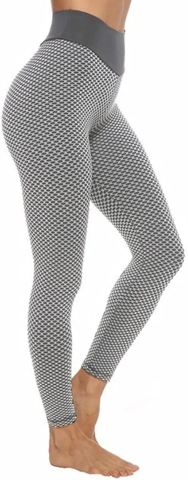 Women Gym Leggings High Waist Yoga Pants Butt Lifting Trousers Tights Honeycomb Runnning (Grey, L), Large