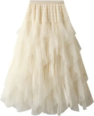 Women High Elastic Waist Mesh Layered Long Fairy Tulle Skirt Irregular Hem Pleated Tutu A-Line Midi Skirts