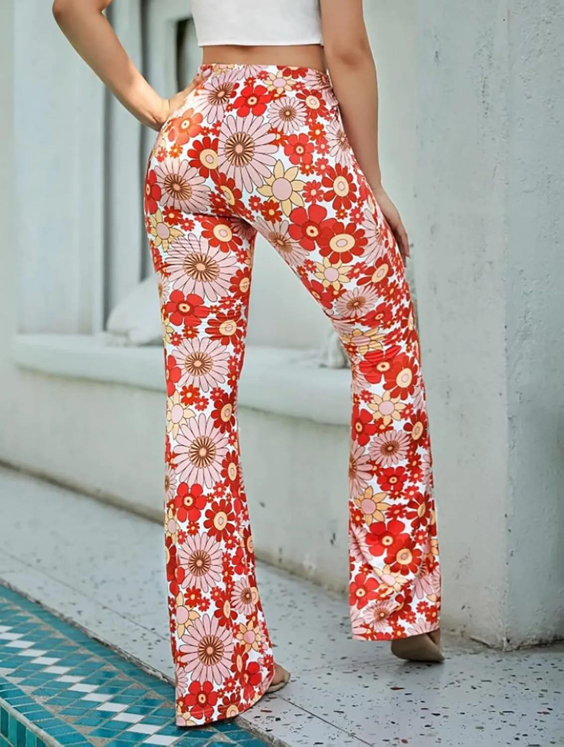 Women High Waisted Fit Flare Ethnic Paisley Floral Bell Bottoms Yoga Pants Flared Leggings