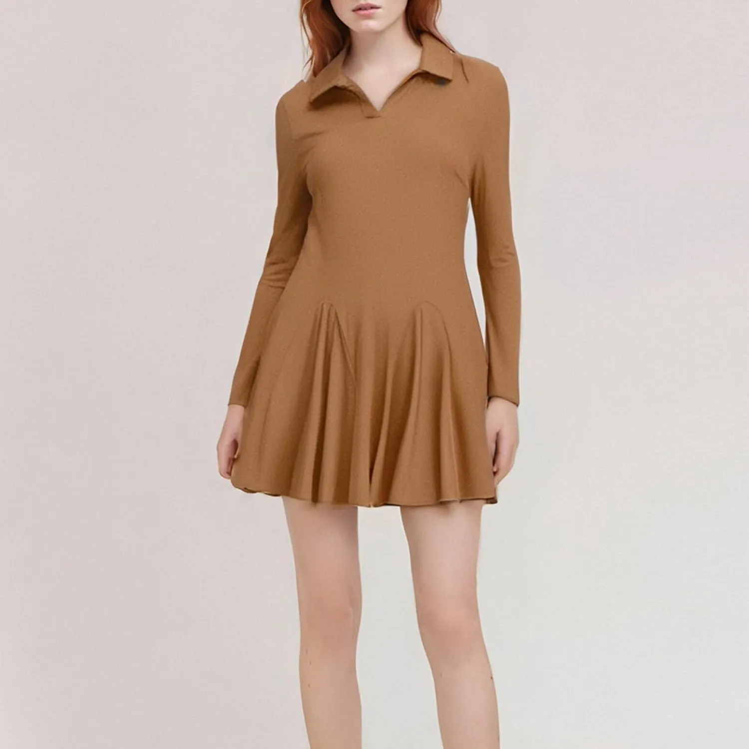 Women Lapel Collared V Neck Sweatshirt Dress Long Sleeve Loose Fit Solid Color Ruffle Mini Dresses Casual Short Dress
