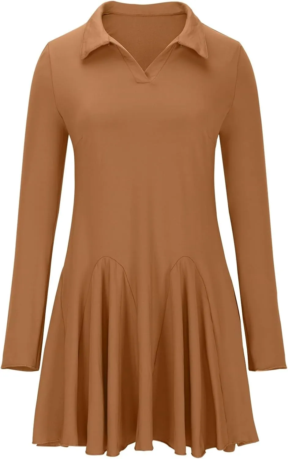 Women Lapel Collared V Neck Sweatshirt Dress Long Sleeve Loose Fit Solid Color Ruffle Mini Dresses Casual Short Dress