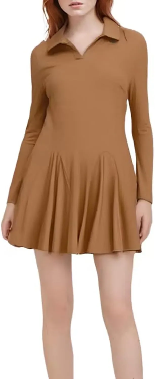 Women Lapel Collared V Neck Sweatshirt Dress Long Sleeve Loose Fit Solid Color Ruffle Mini Dresses Casual Short Dress