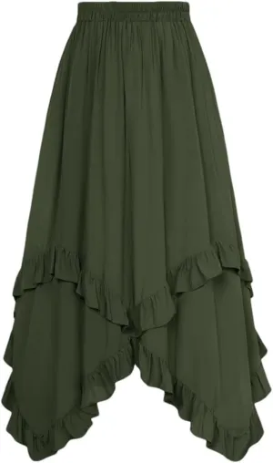 Women Lotus Leaves Swing Skirt Casual Elastic A-Line Long Skirts Women's Pleated Midi Skirt