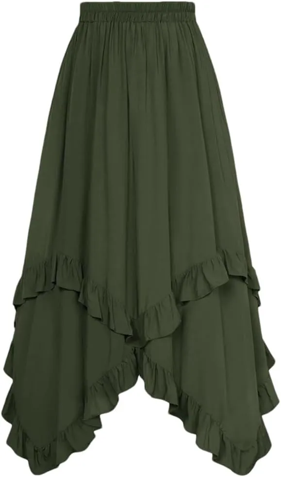 Women Lotus Leaves Swing Skirt Casual Elastic A-Line Long Skirts Women's Pleated Midi Skirt