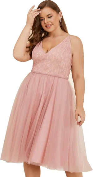 Women Plus Size Floral Lace & Flowy Tulle Tea Length Cocktail Party Dress