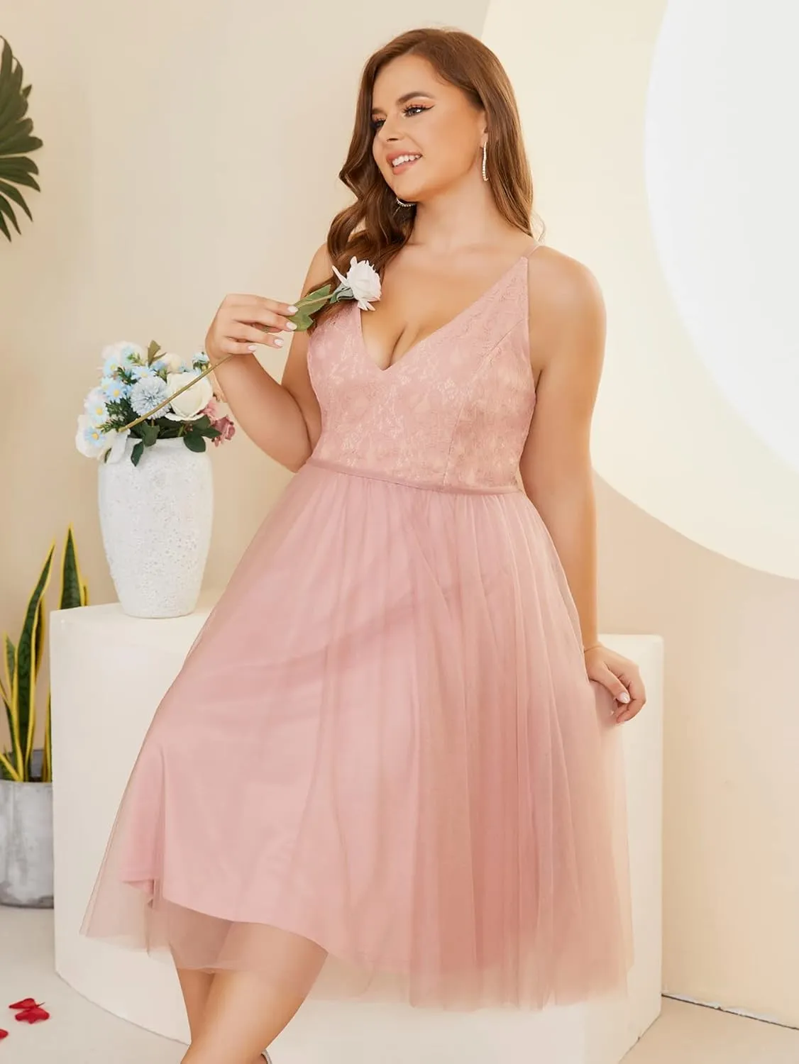 Women Plus Size Floral Lace & Flowy Tulle Tea Length Cocktail Party Dress