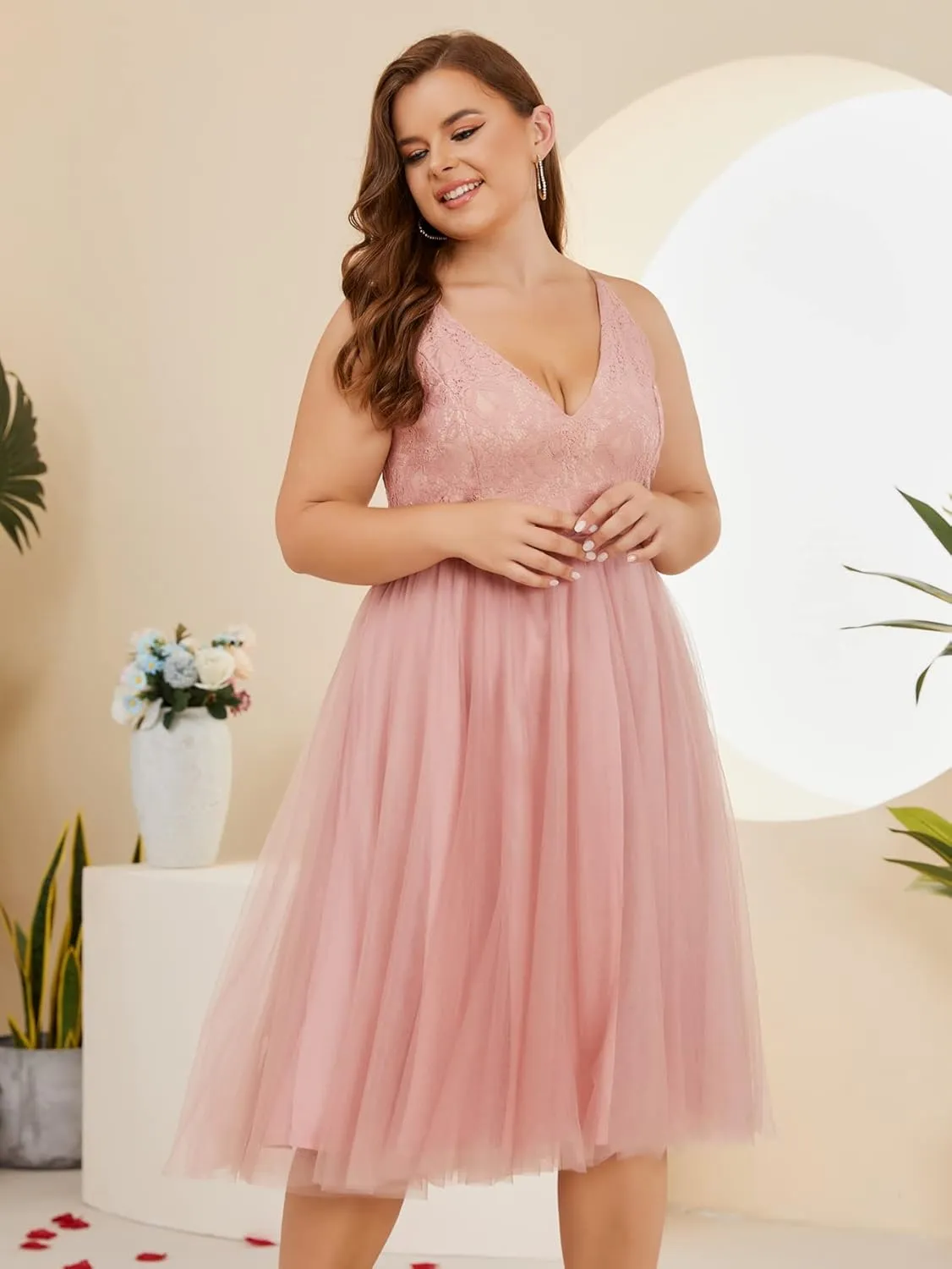 Women Plus Size Floral Lace & Flowy Tulle Tea Length Cocktail Party Dress