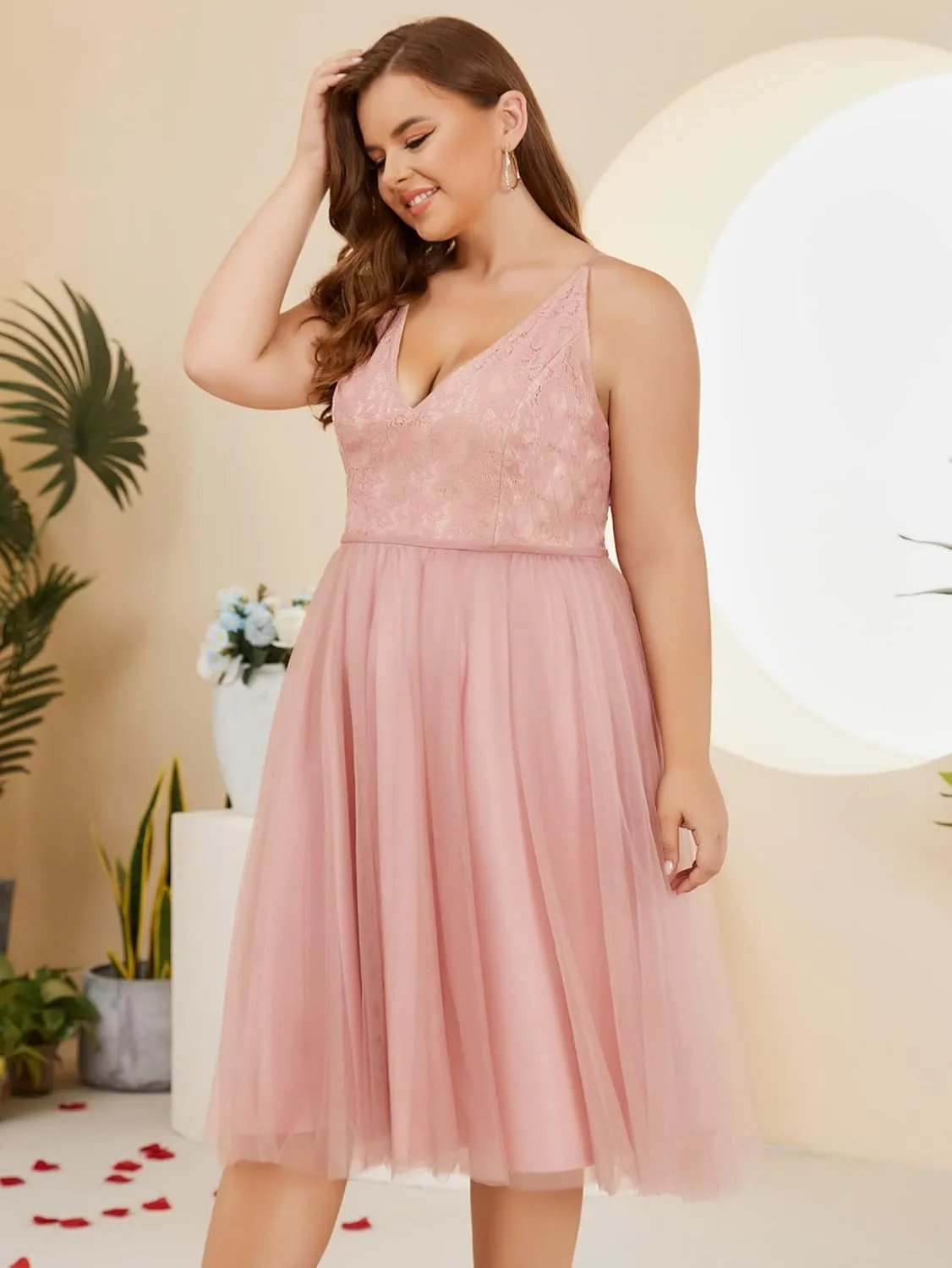 Women Plus Size Floral Lace & Flowy Tulle Tea Length Cocktail Party Dress