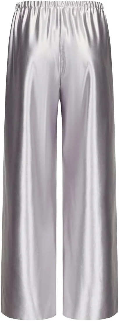 Women Satin Wide Leg Dress Pants Silk Casual Dressy Long Flowy Pants Elastic High Waisted Trousers