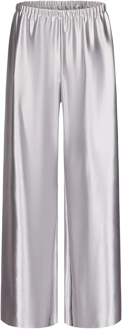Women Satin Wide Leg Dress Pants Silk Casual Dressy Long Flowy Pants Elastic High Waisted Trousers