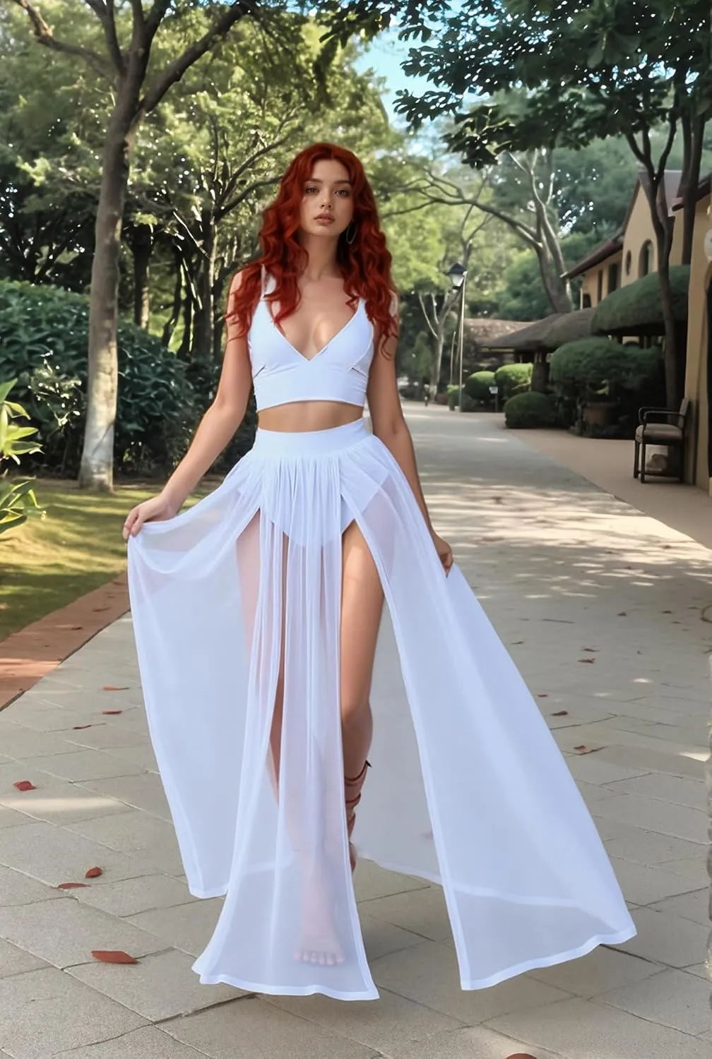 Women Sexy 2 Piece Outfits Dress Chiffon Strap Deep V Neck Bra Crop Top High Split Maxi Dresses Skirt Set