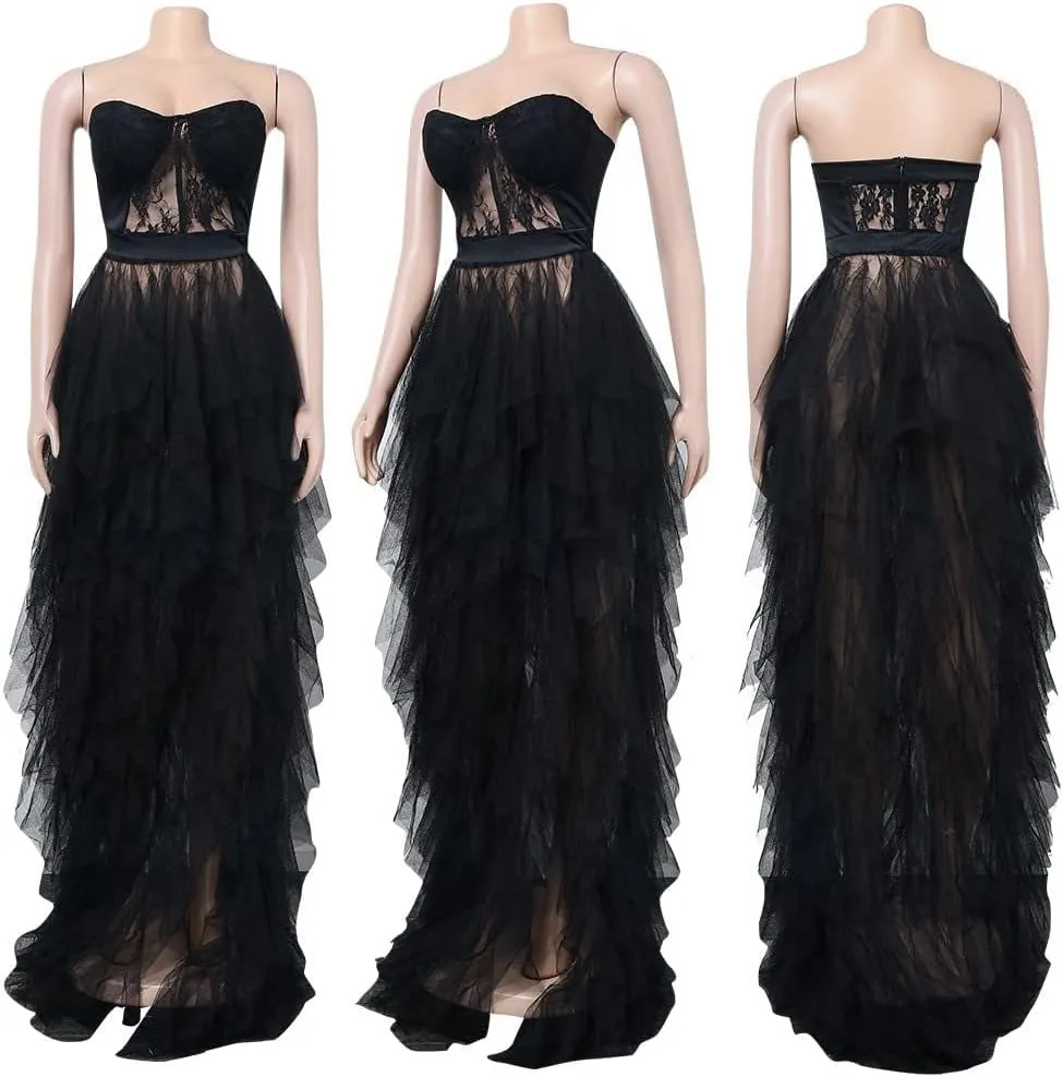 Women Sexy Tulle Dress Crochet Lace Mesh See Through Maxi Cocktail Party Dress