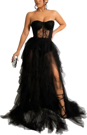 Women Sexy Tulle Dress Crochet Lace Mesh See Through Maxi Cocktail Party Dress