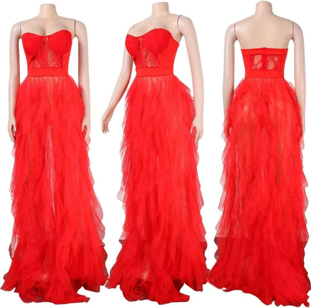 Women Sexy Tulle Dress Crochet Lace Mesh See Through Maxi Cocktail Party Dress