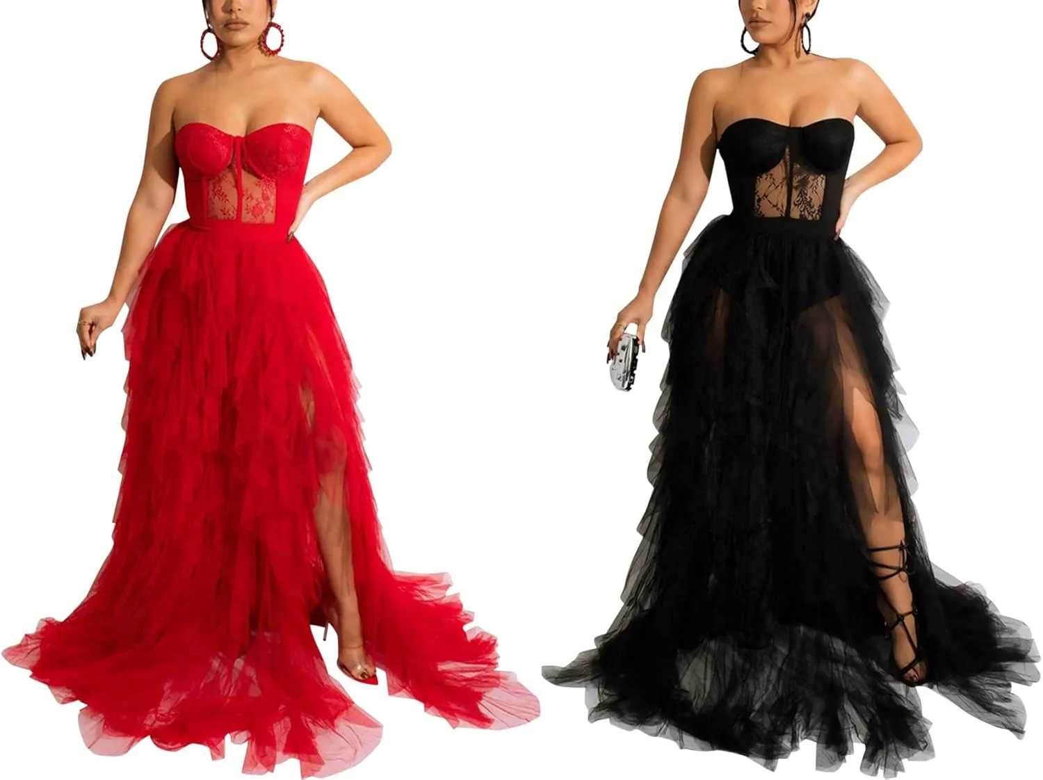 Women Sexy Tulle Dress Crochet Lace Mesh See Through Maxi Cocktail Party Dress