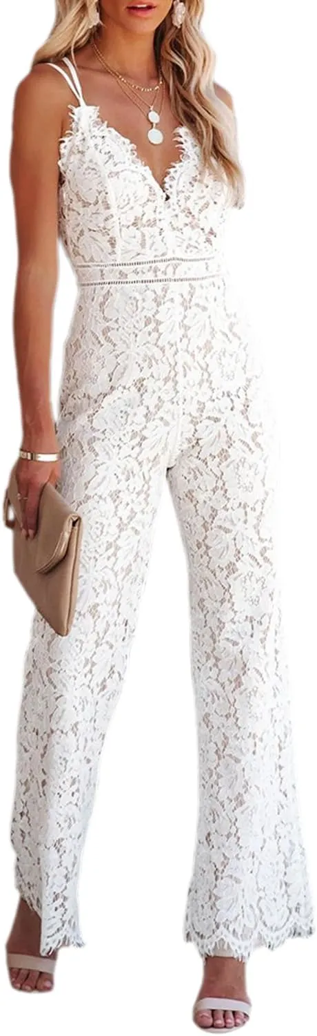 Women Sexy V Neck Backless Hollow Out Floral Lace Long Pants Jumpsuit High Waist Wide Leg Lace Romper Overall