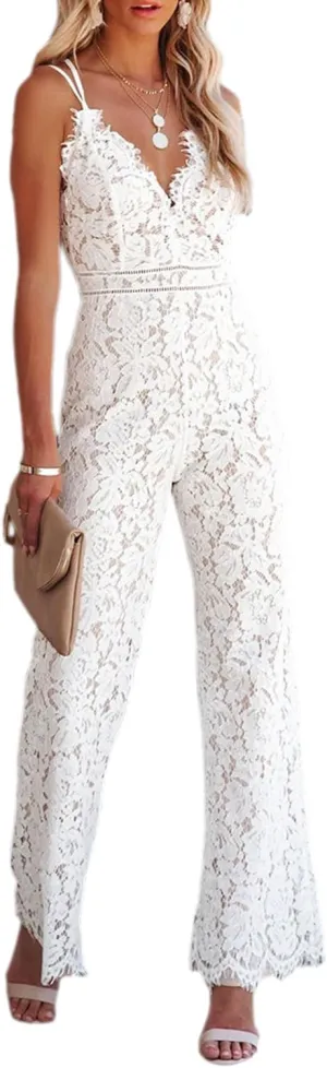Women Sexy V Neck Backless Hollow Out Floral Lace Long Pants Jumpsuit High Waist Wide Leg Lace Romper Overall