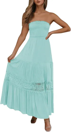Women Strapless Boho Summer Maxi Dresses Backless Off Shoulder Lace Trim Flowy Swing Casual Long Dress Beach Sundress