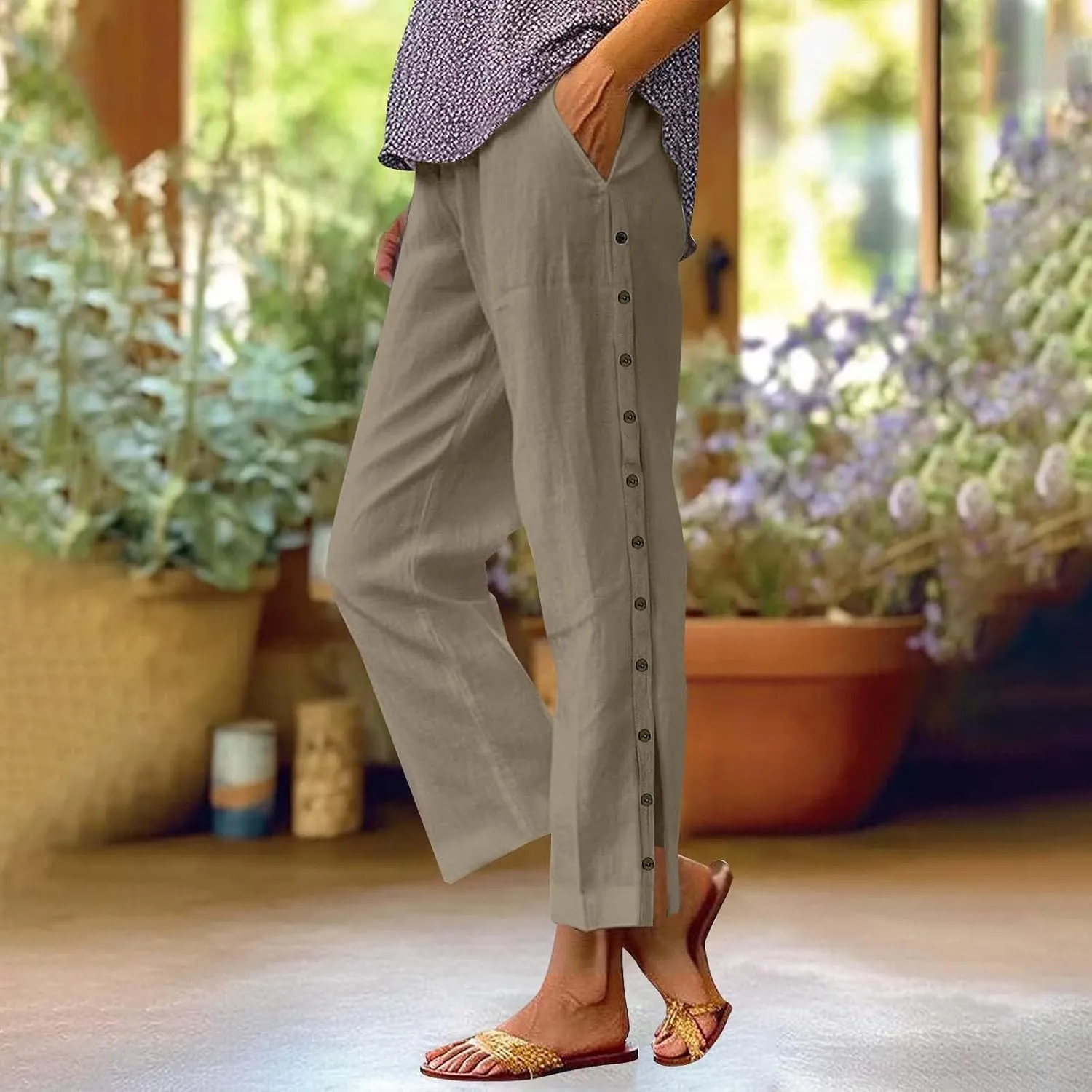 Women Summer Casual Linen Pants Striped Side Button Pants Baggy Elastic Waist Straight Leg Trousers with Pocket