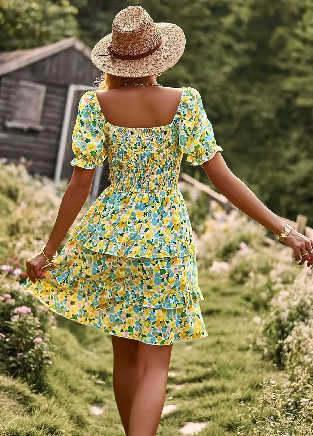 Women Summer Dresses Cute Short Sleeve Backless Mini Sundress Ruffle Flowy Boho Dresses Sexy Beach Dresses Date Night